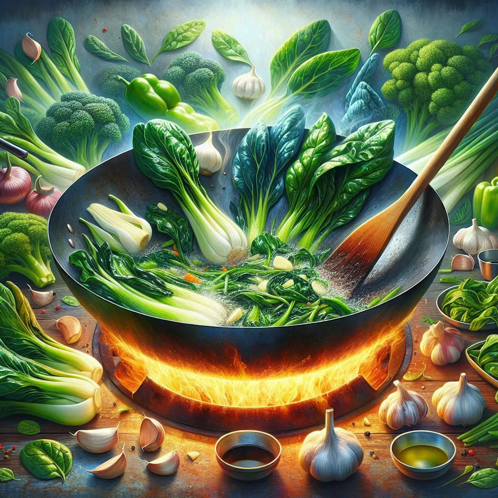 Bright green stir-fried vegetables with golden garlic in a wok
