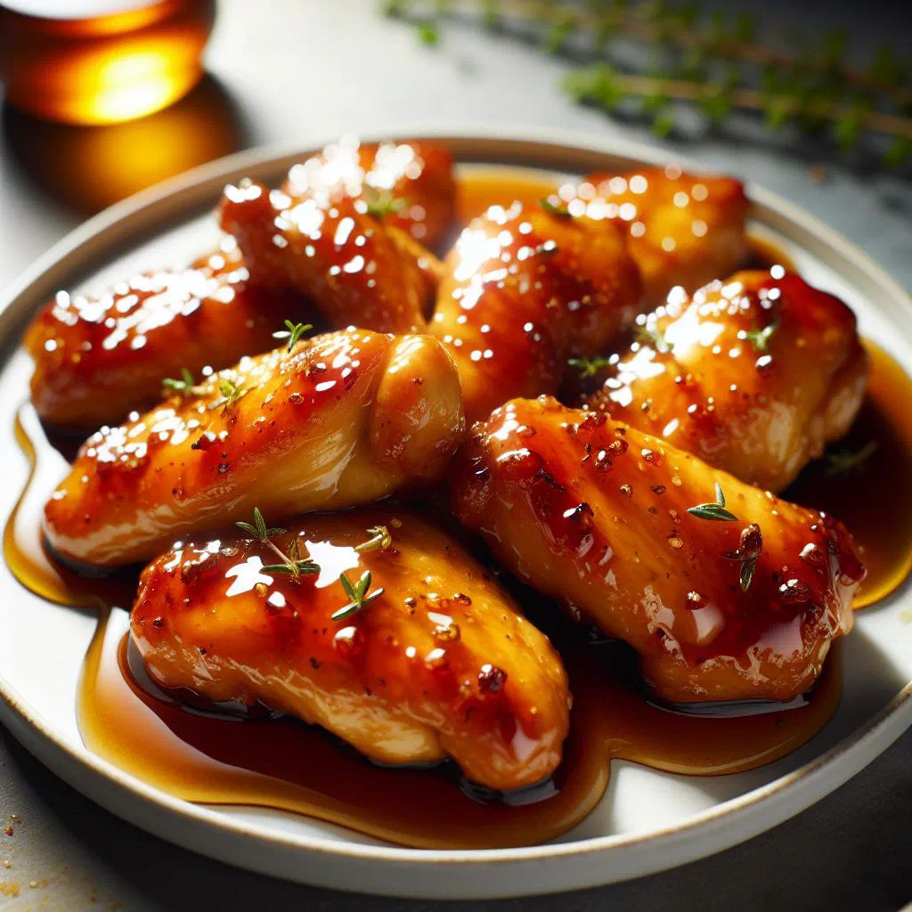 Honey glazed chicken pieces in a glossy sauce, garnished with fresh coriander
