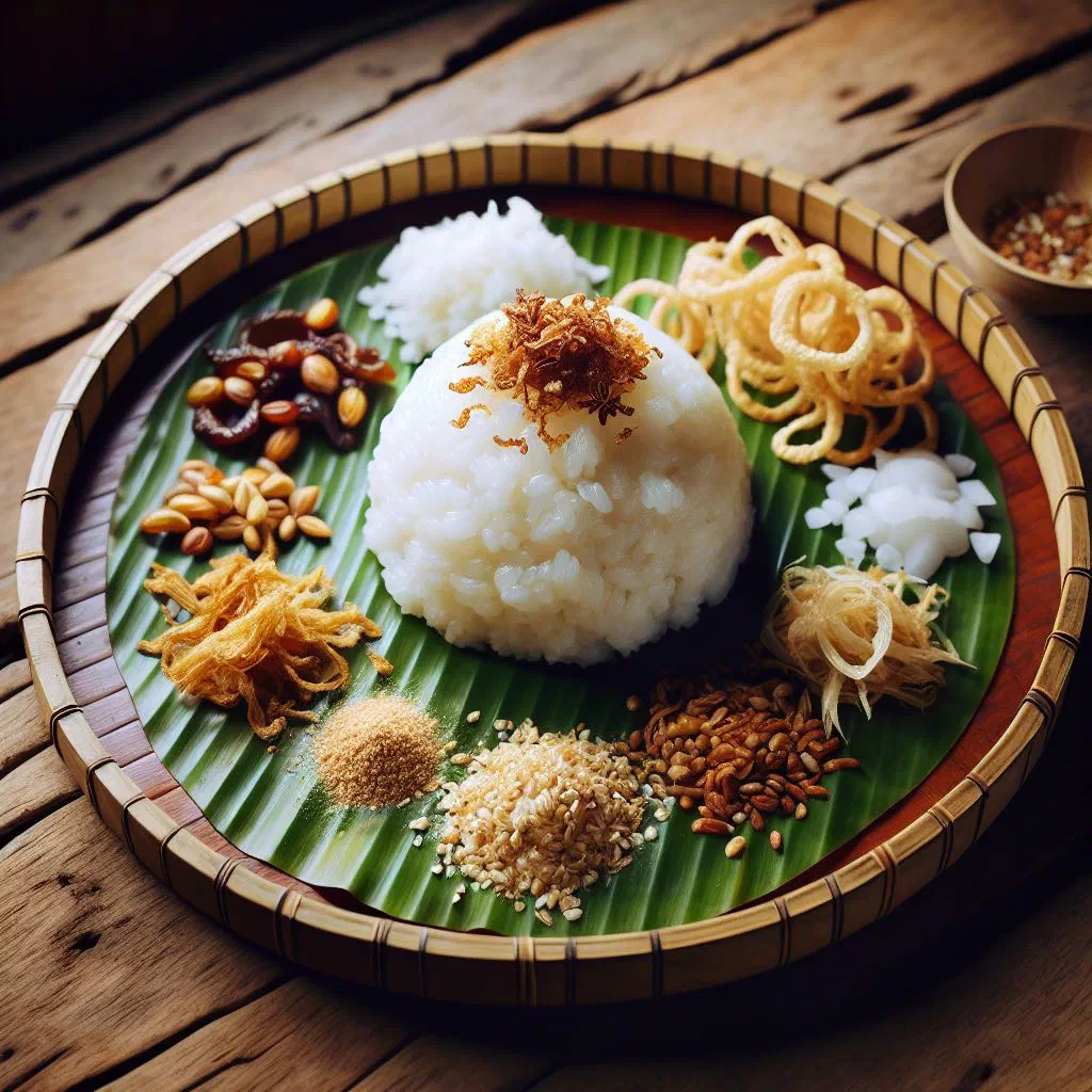 Kauk nyin paung rice noodles with vegetables and spring onions in a bowl