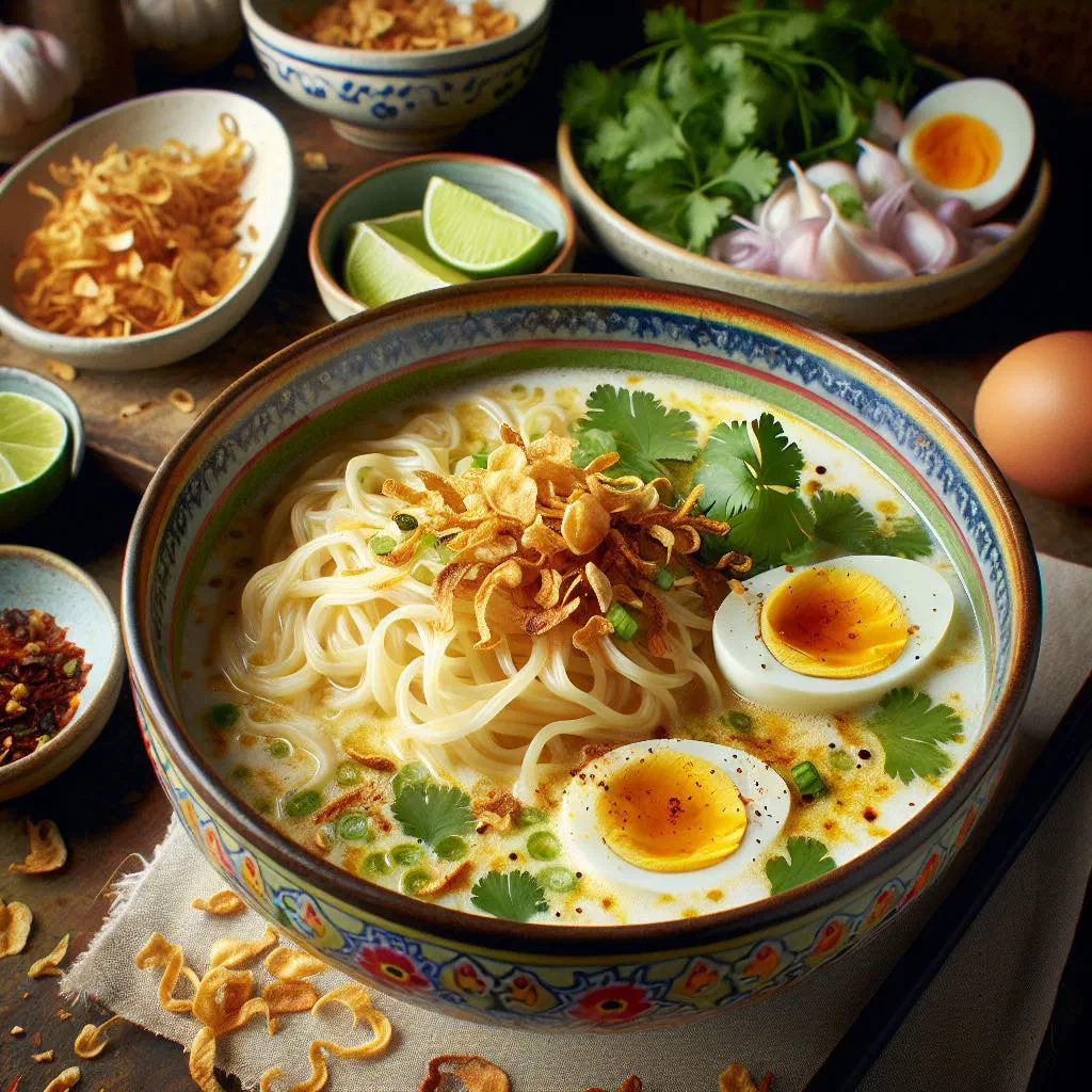 Bowl of khow suey noodle soup in coconut curry broth with fresh herbs and crispy toppings