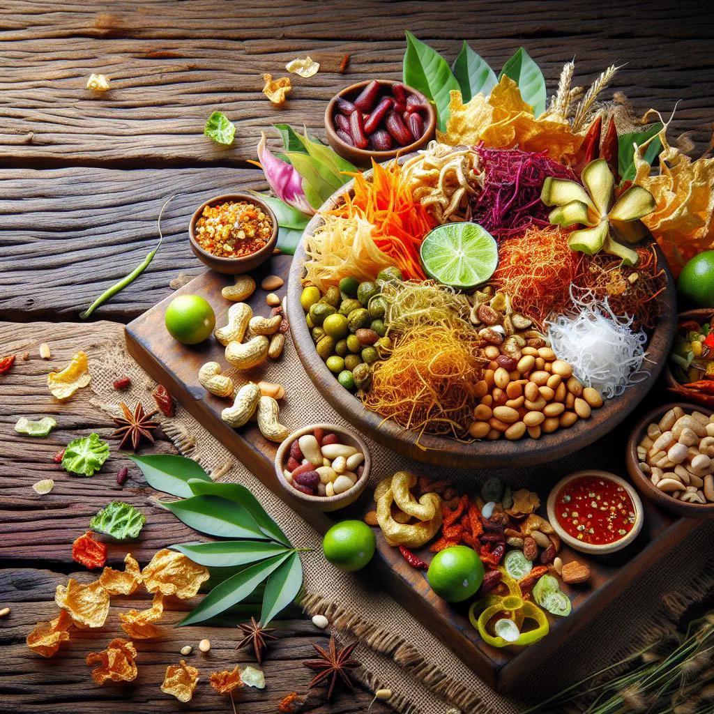 Lahpet with fermented tea leaves, crunchy peanuts and fresh vegetables
