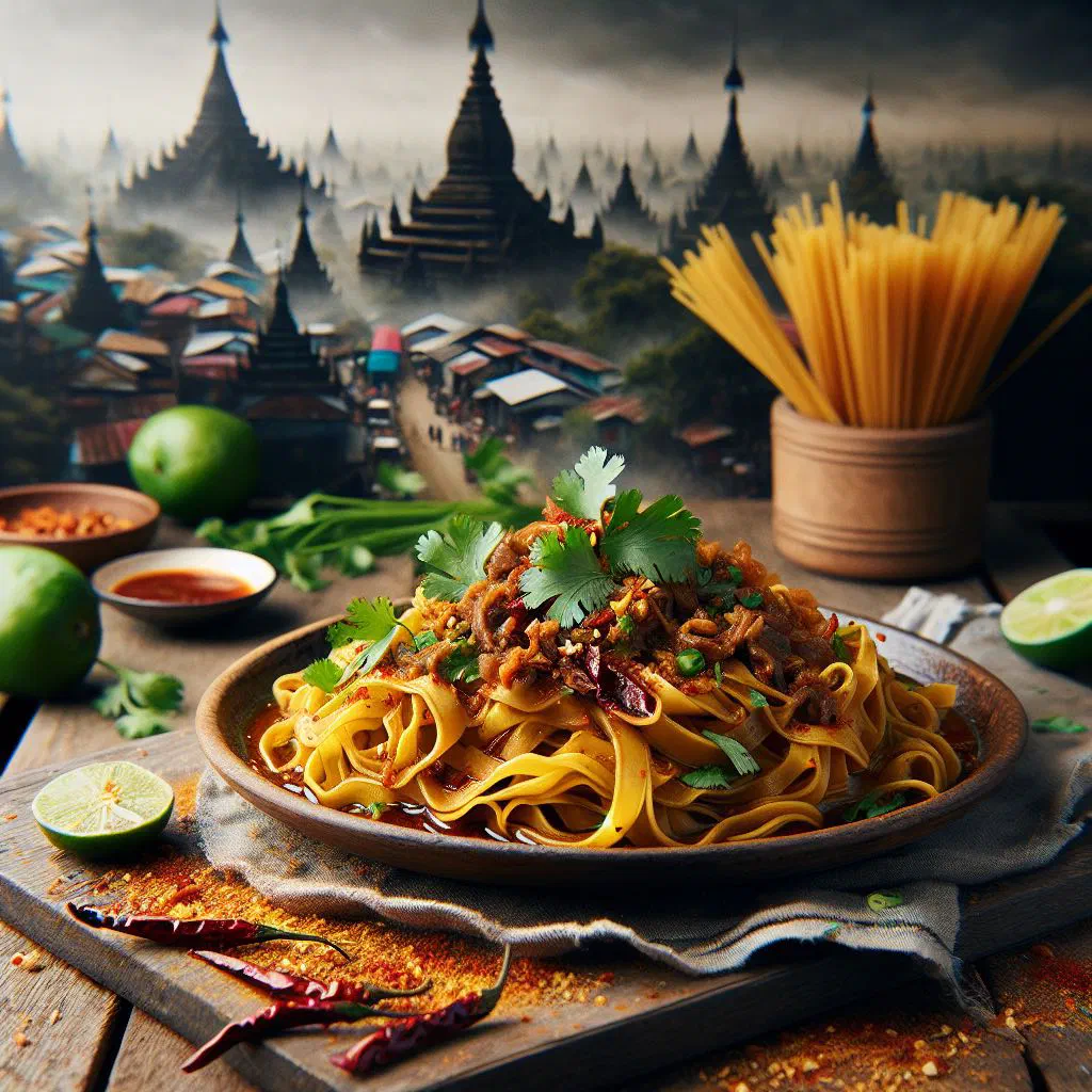 Bowl of Mandalay meeshay rice noodles in broth with fresh herbs and spring onions