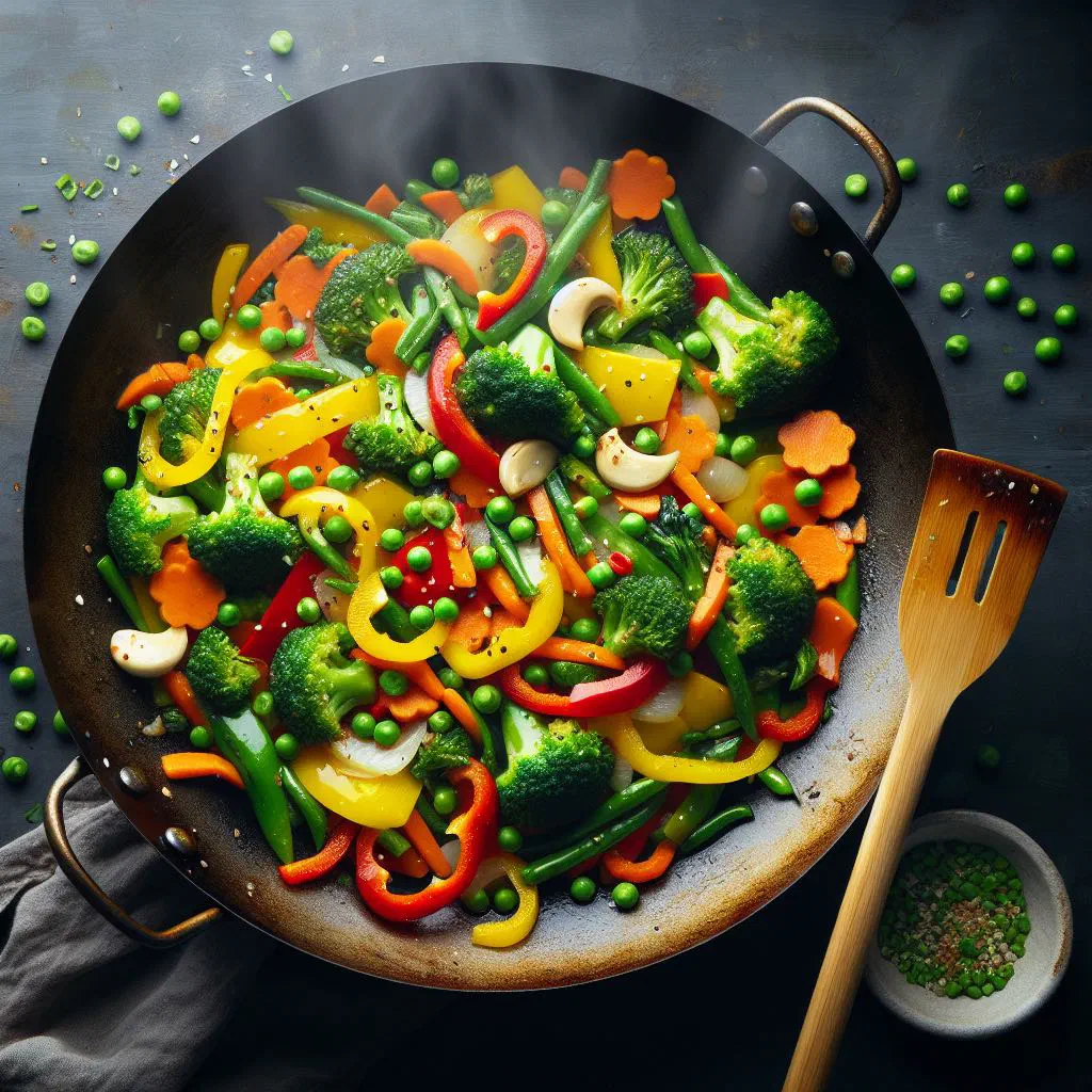 Colourful Burmese mixed vegetable stir-fry with broccoli, carrots and peppers