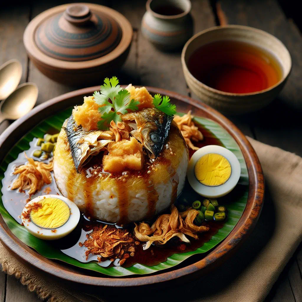 Nga htamin rice with flaked fish, ginger and fresh herbs