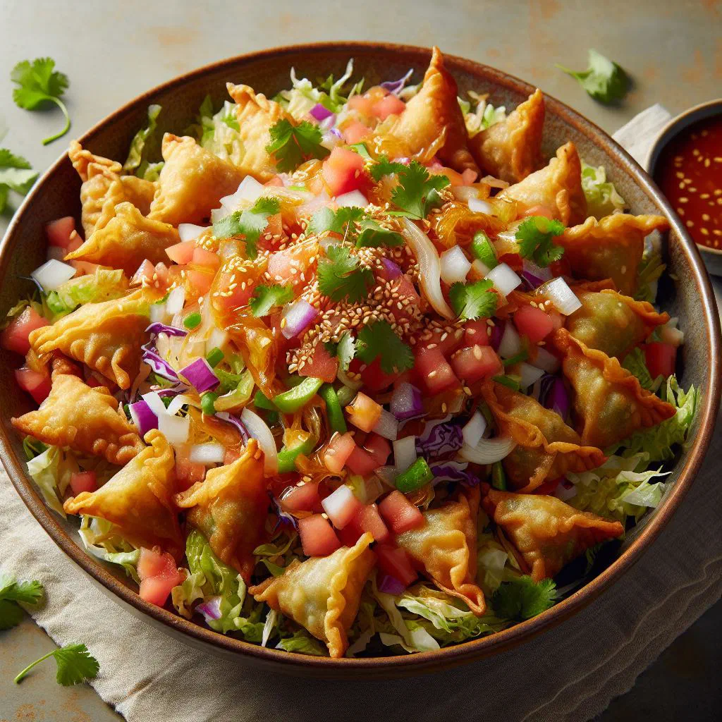 Samusa thoke with chopped samosas, crunchy vegetables and fresh herbs