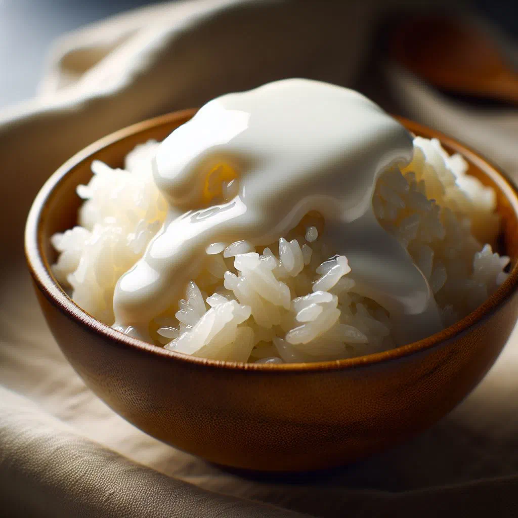 Steamed sticky rice with coconut milk served with fresh mango slices