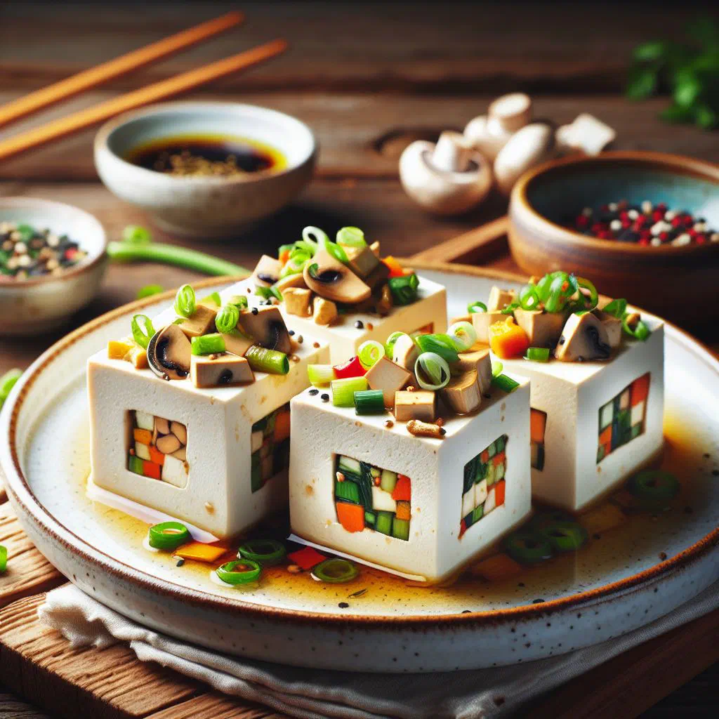 Golden pan-fried stuffed tofu halves filled with vegetables and garnished with coriander