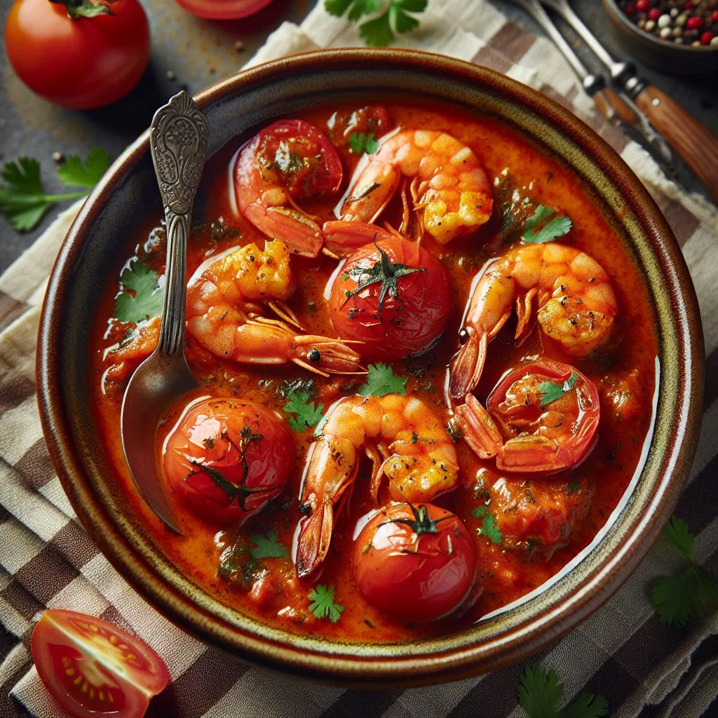Myanmar tomato and shrimp curry in a bowl, garnished with fresh coriander
