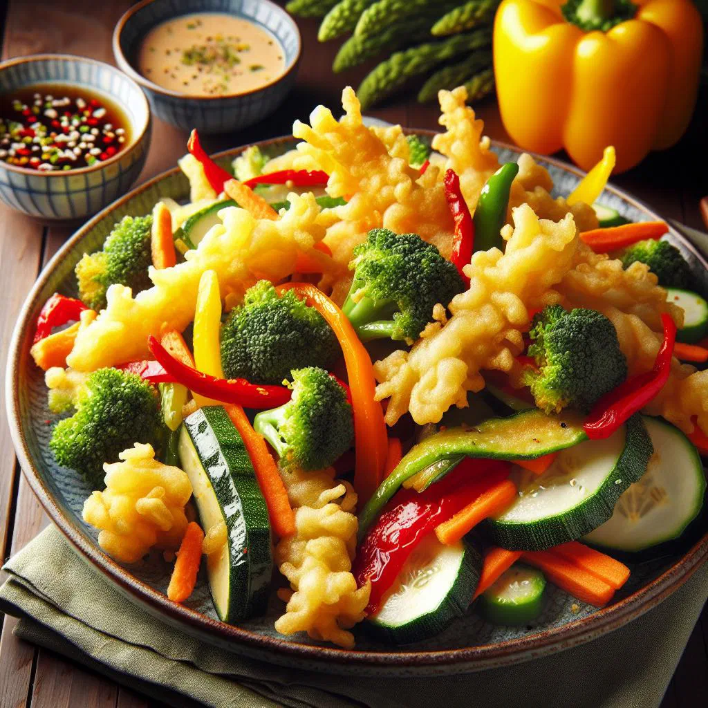 Golden vegetable tempura pieces with a small bowl of dipping sauce