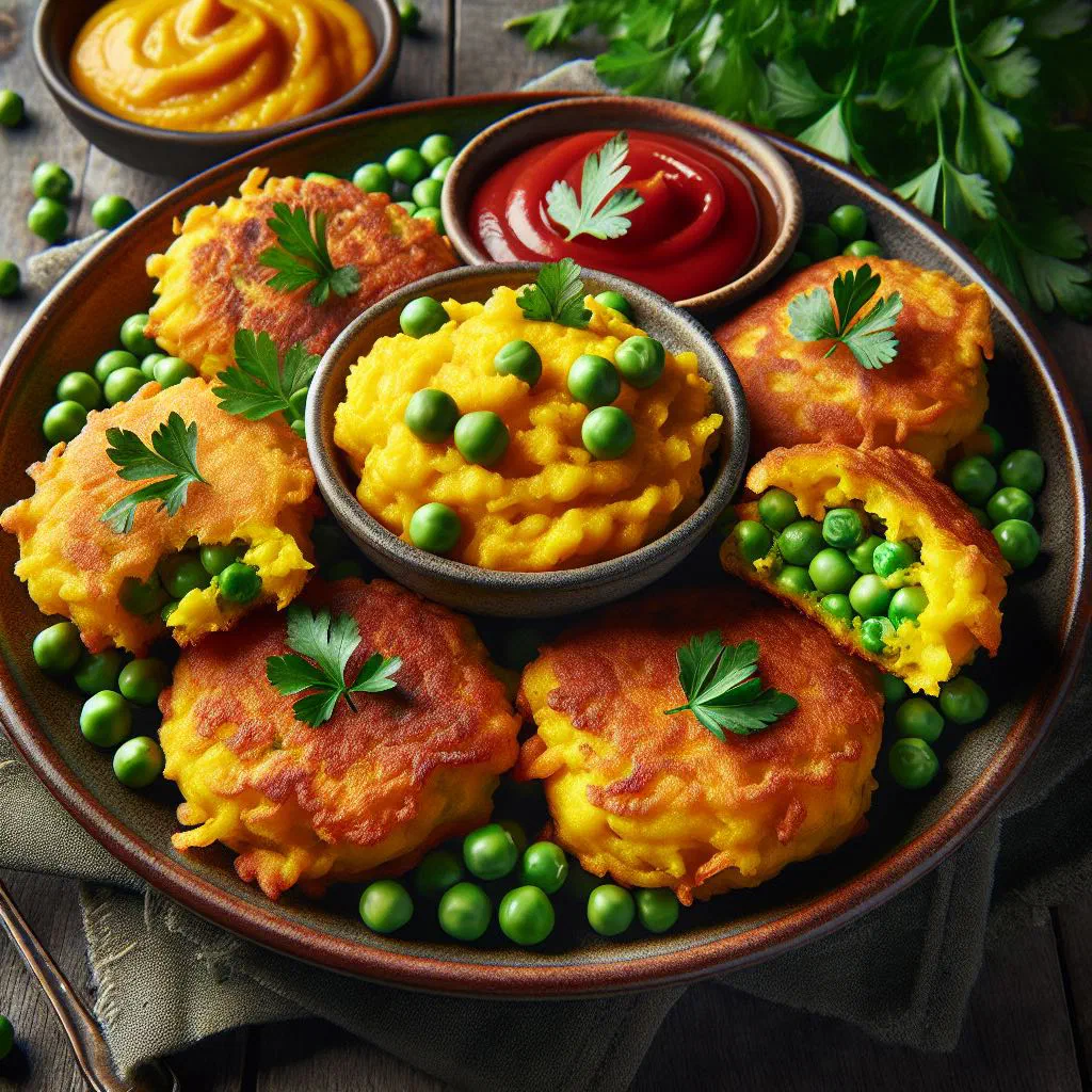Golden yellow pea fritters piled on a plate with fresh coriander and lime wedges