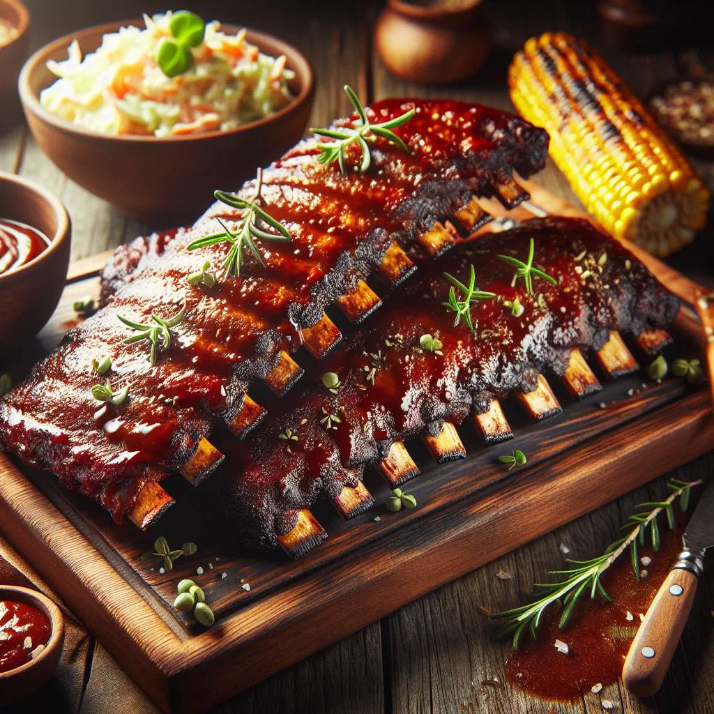 Baked kudu ribs on a wooden board with fresh herbs and lemon
