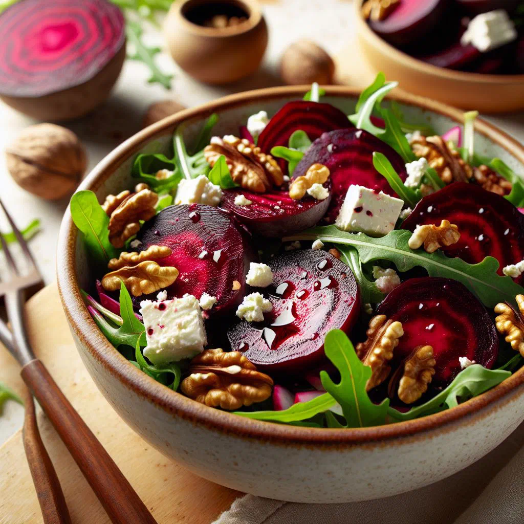 Bowl of deep red beetroot salad with apple, onion rings and chopped parsley