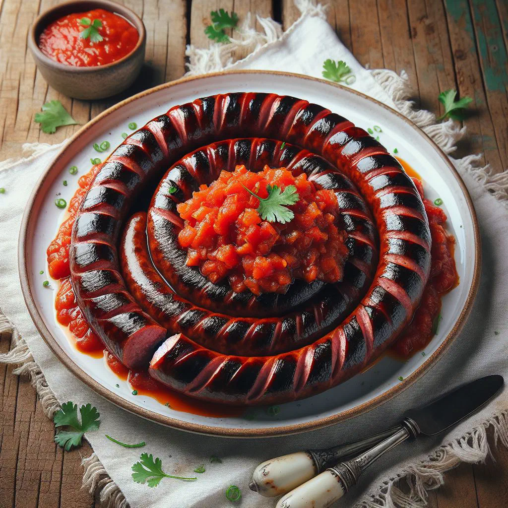 Coiled boerewors sausage on a wooden board with a bowl of fresh tomato relish