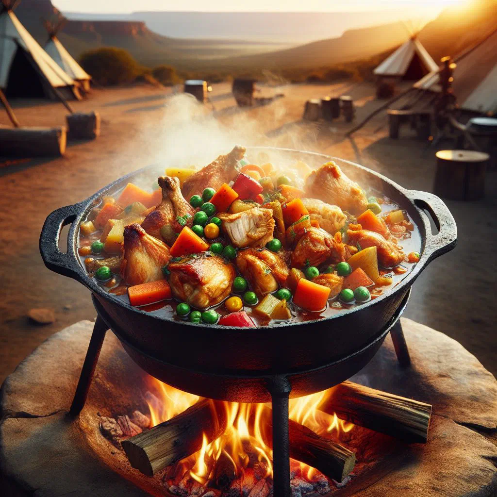 Chicken potjie simmering in a black cast-iron pot with vegetables