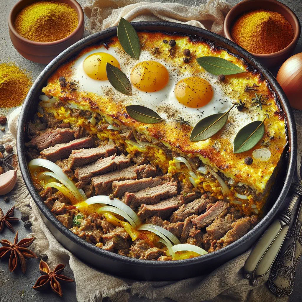 Baked game bobotie with a golden egg custard topping in a dish