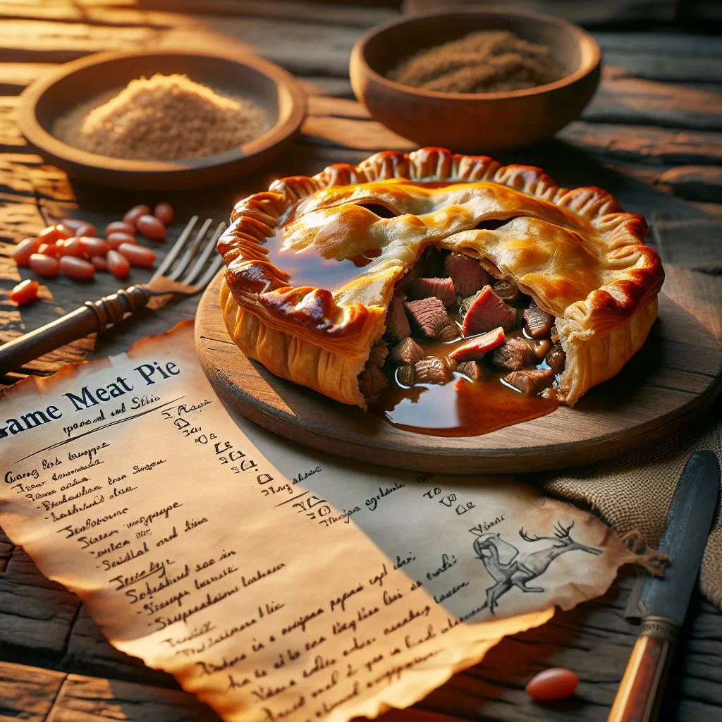 Golden game meat pie with flaky puff pastry, cut open to show the venison filling