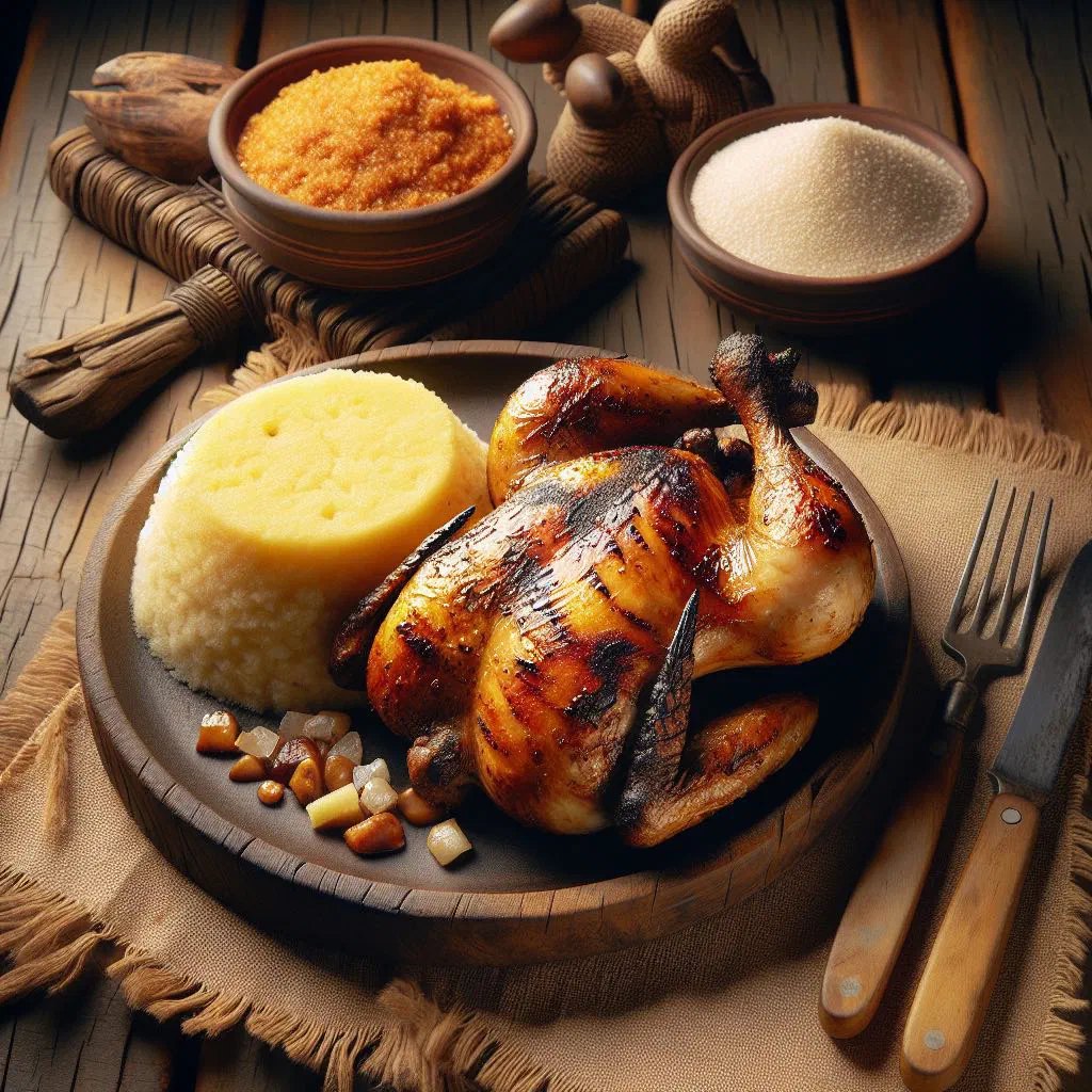 Grilled chicken pieces served with creamy white pap and fresh herbs
