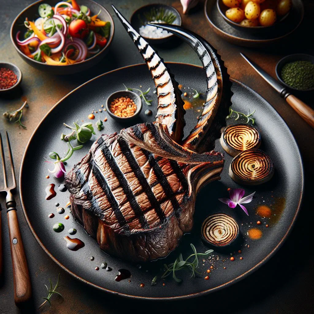 Grilled gemsbok steak sliced on a wooden board with fresh herbs