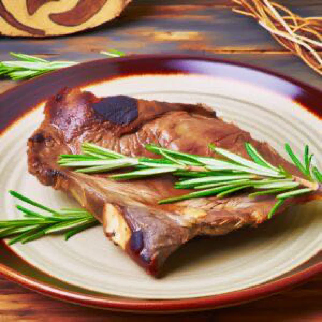 Grilled kudu steak with fresh rosemary sprigs on a wooden board