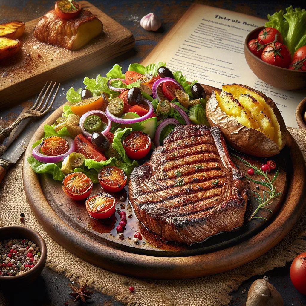 Sliced grilled ostrich steak on a wooden board with fresh herbs