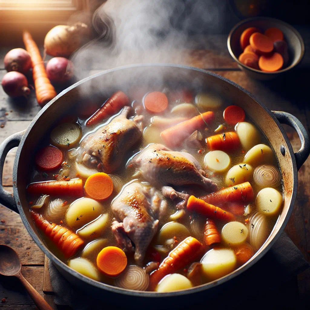 Namibian guinea fowl stew with carrots and peppers in a rustic pot