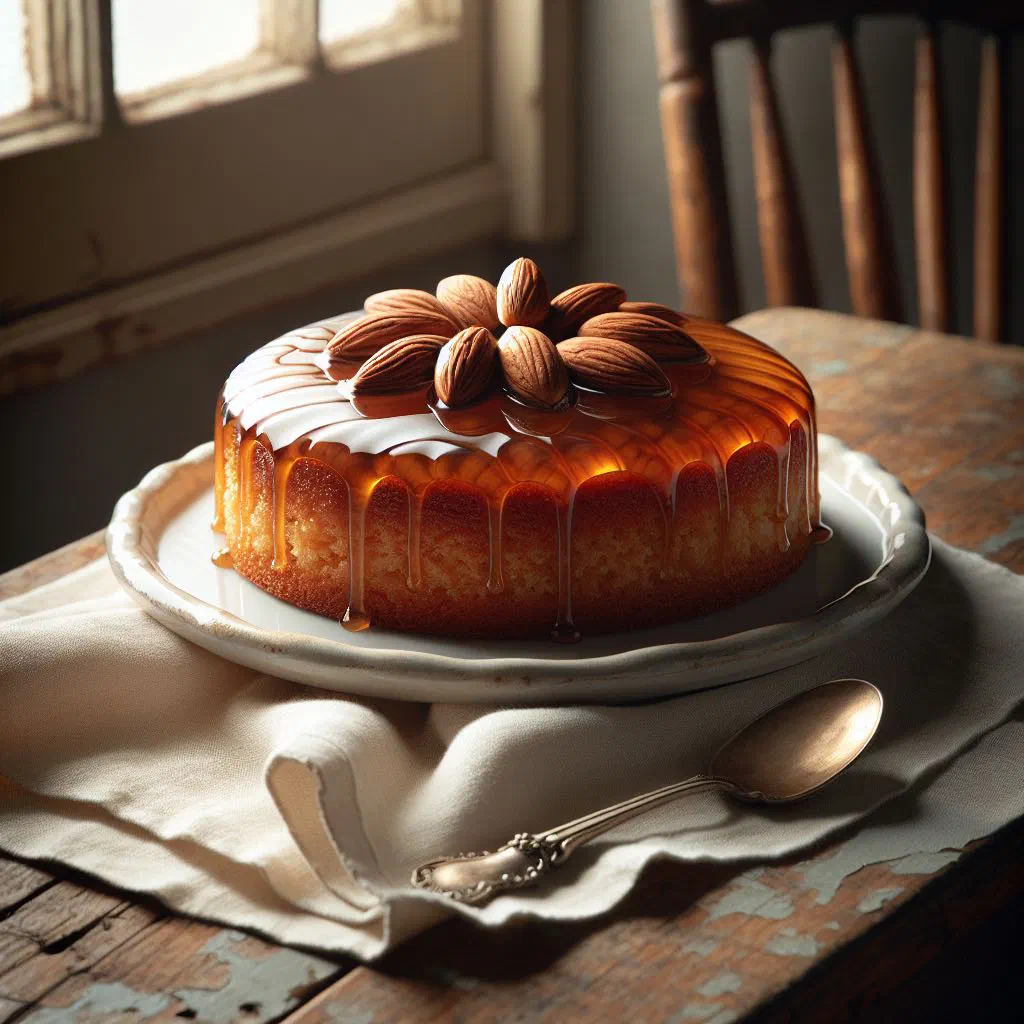 Golden mangetti nut cake dusted with icing sugar on a plate