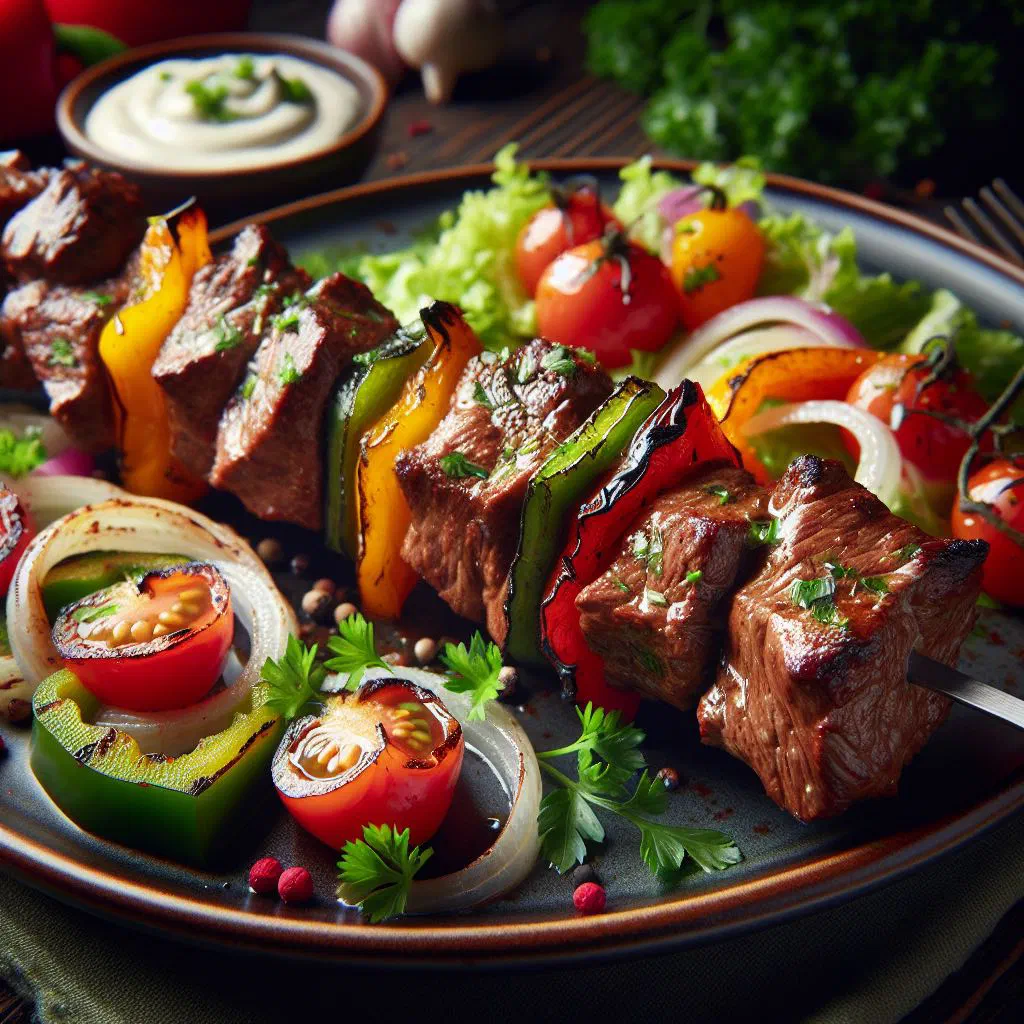 Grilled marinated game kebabs on skewers with fresh herbs