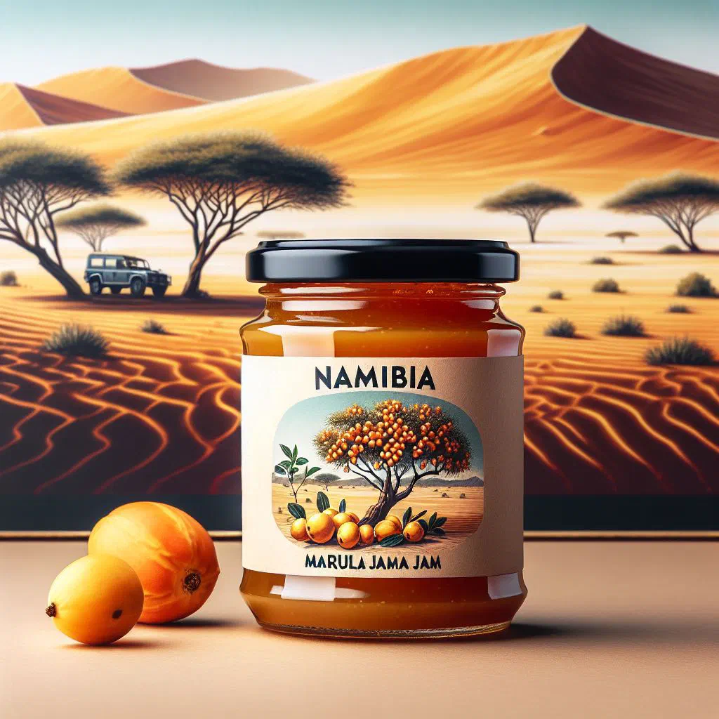 Jars of golden marula jam with fresh marula fruit alongside