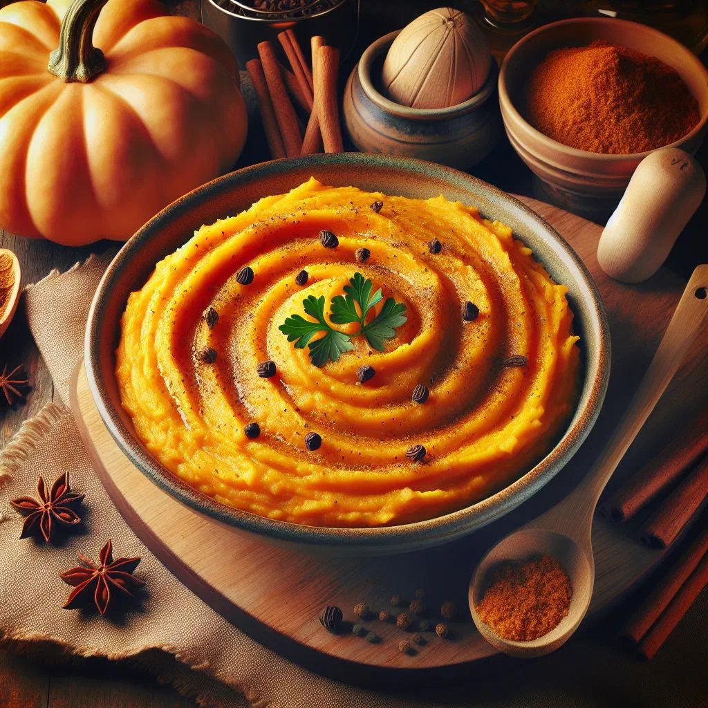 Creamy spiced mashed pumpkin in a bowl garnished with fresh herbs