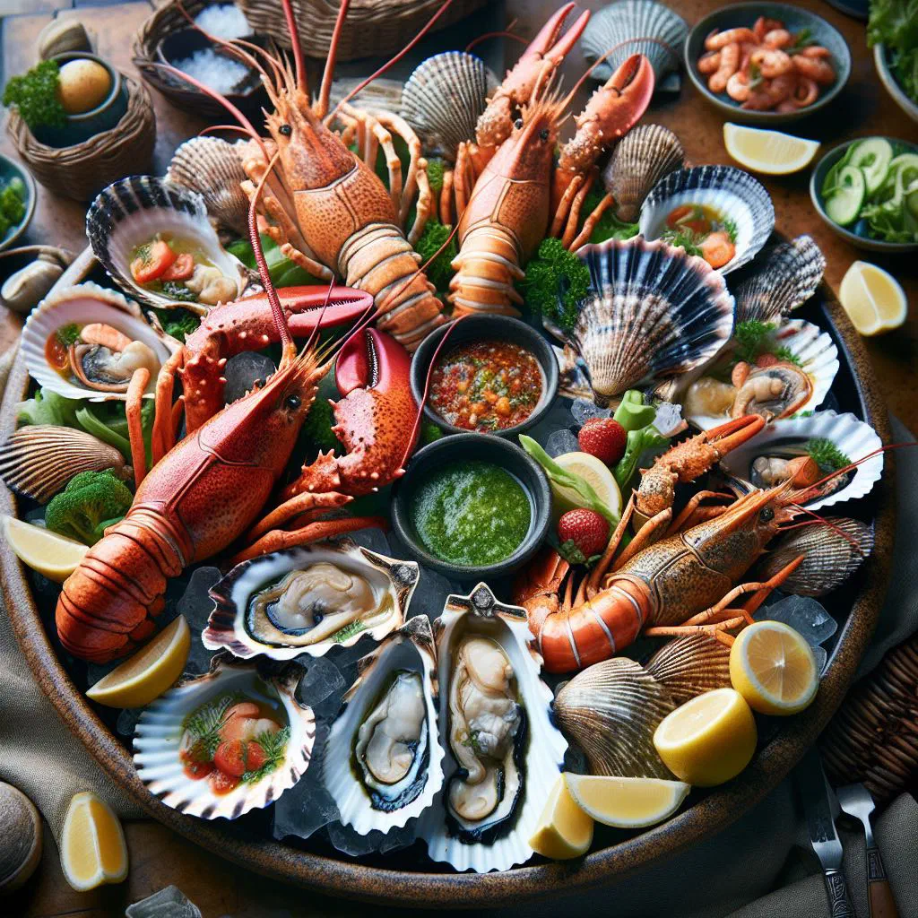 Namibian seafood platter with prawns, mussels, fish fillet and lemon slices