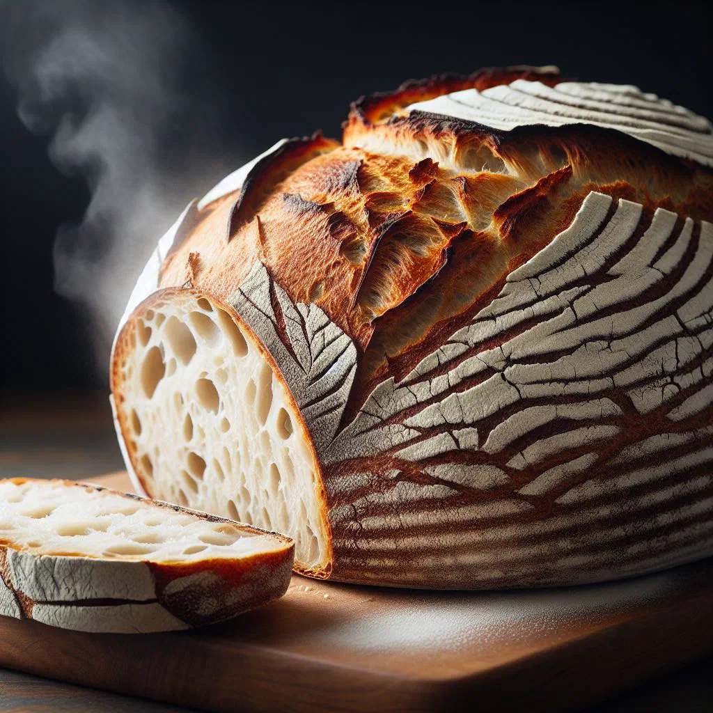 Round loaf of Namibian sourdough bread with a dark golden crust, sliced on a wooden board