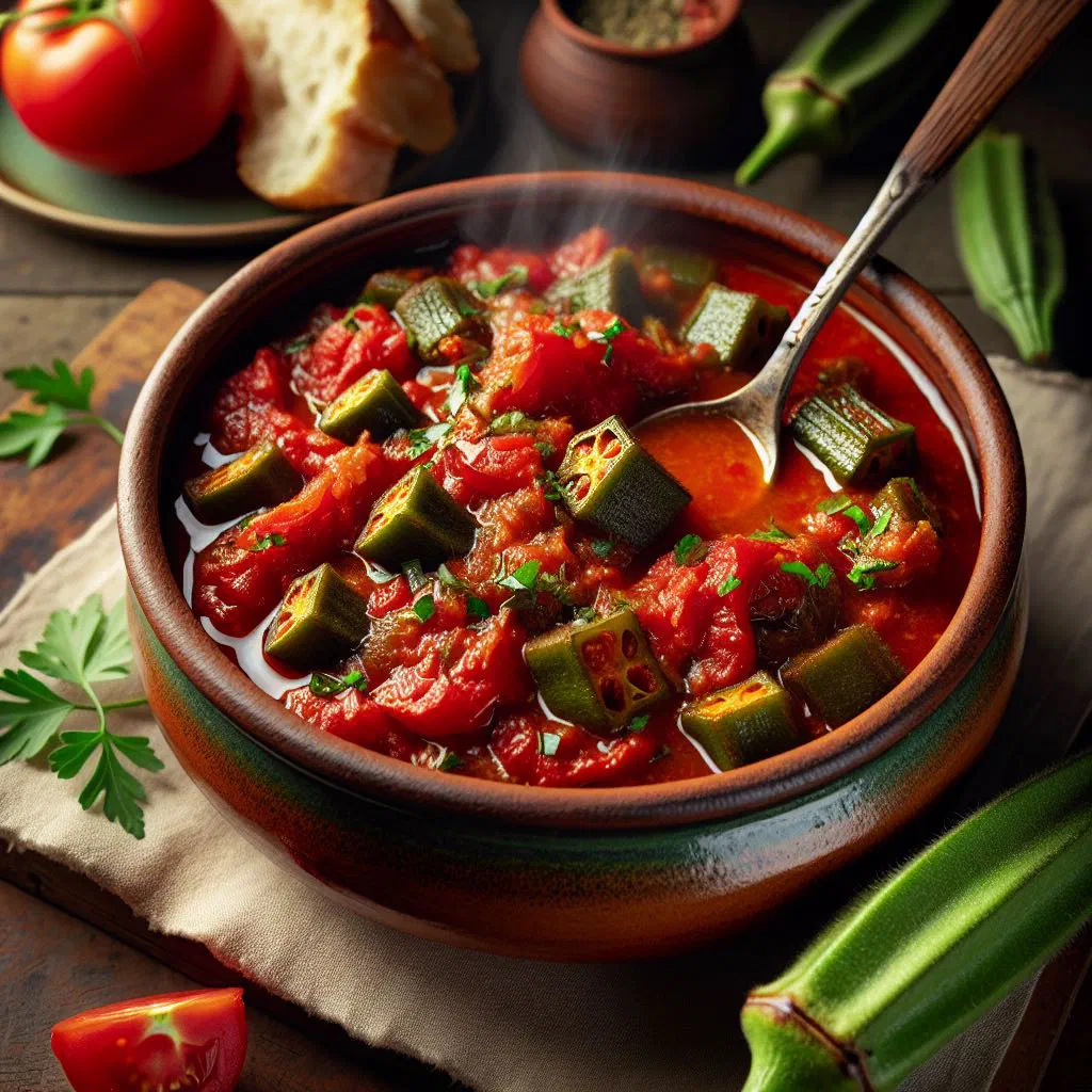 Okra and tomato stew in a bowl, garnished with fresh coriander