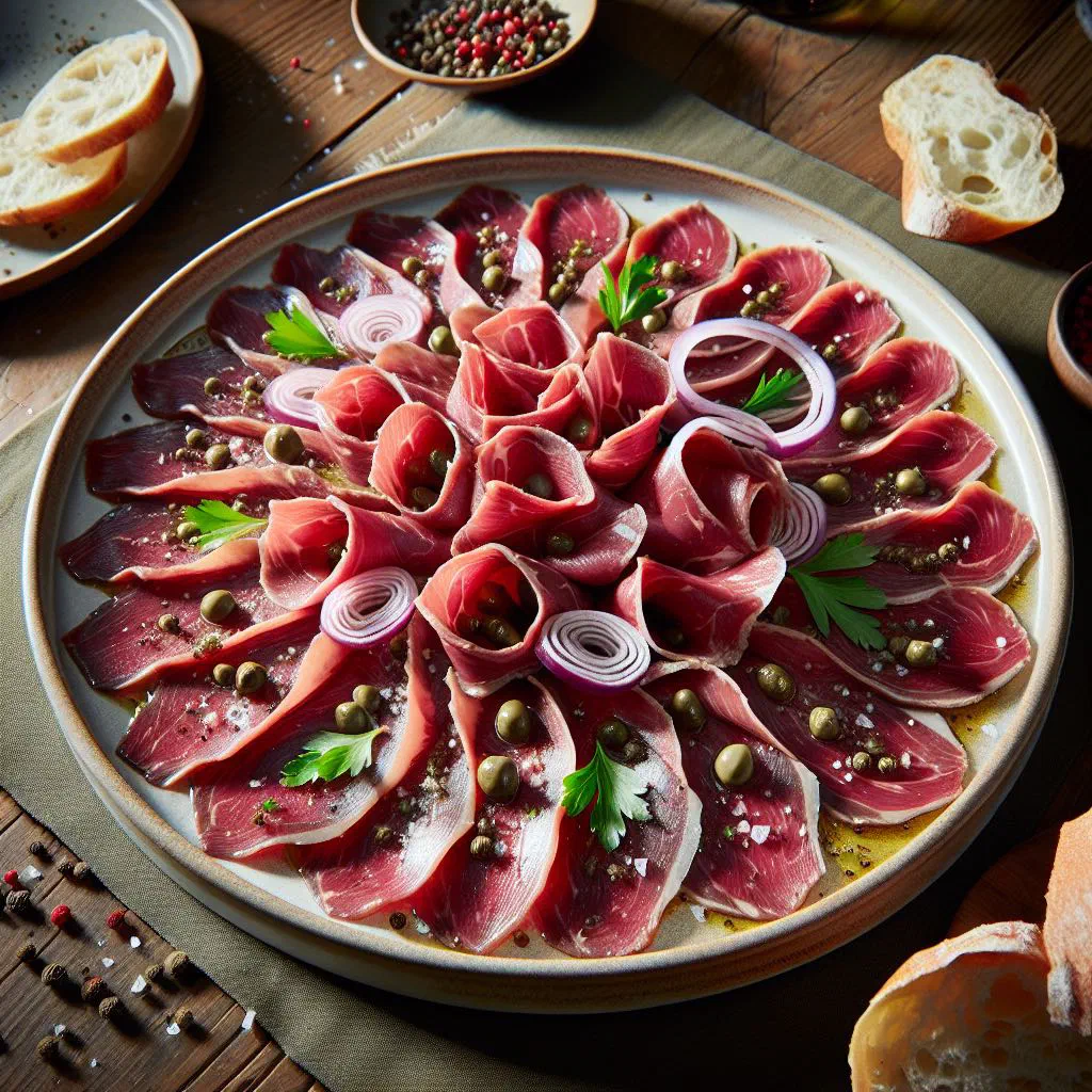 Thin slices of oryx carpaccio with rocket, parmesan shavings and olive oil