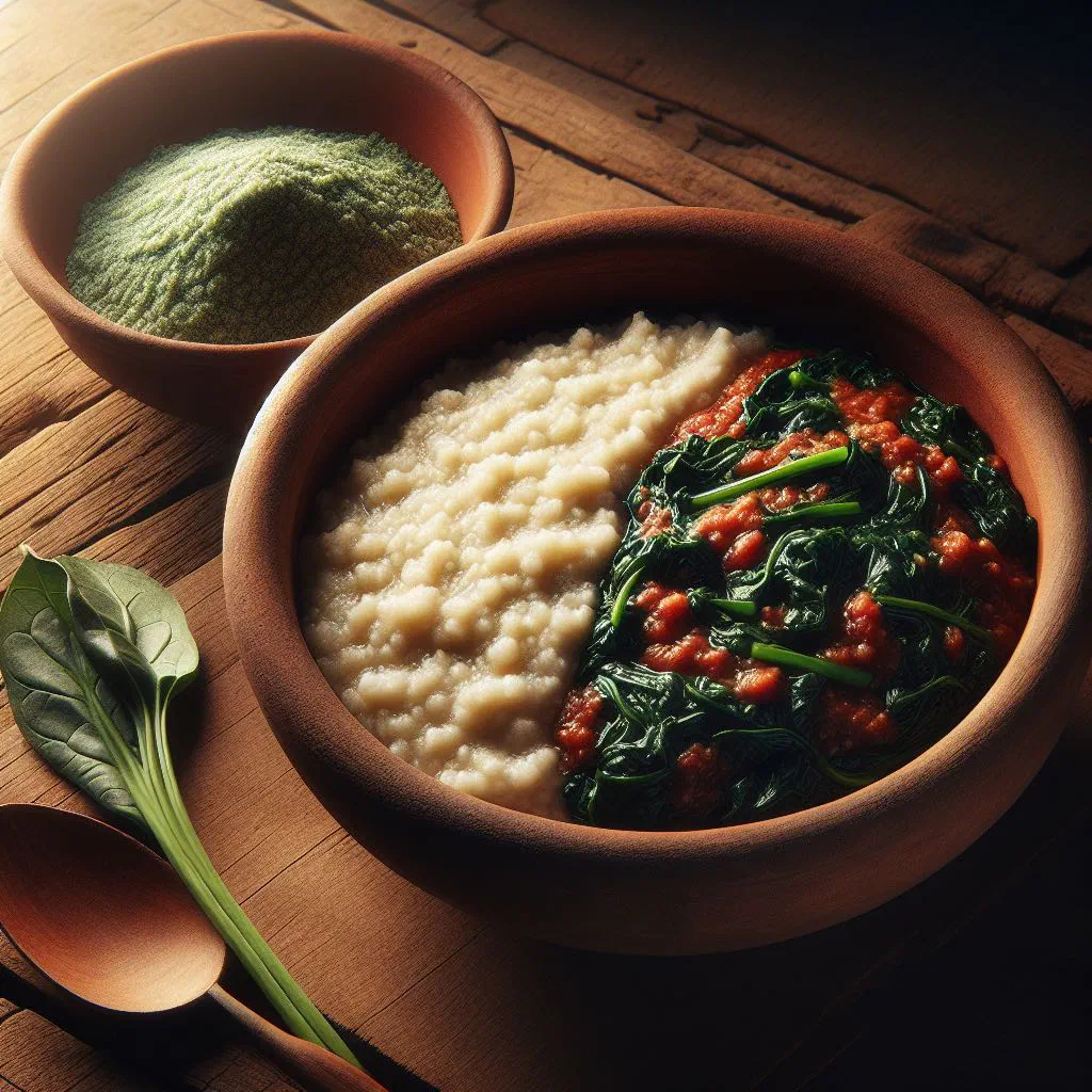 Oshifima maize porridge served with a bowl of ombidi wild spinach and meat sauce