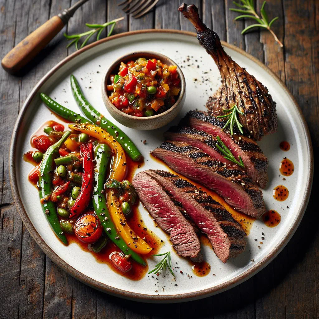 Sliced ostrich fillet served with a spicy chakalaka vegetable relish