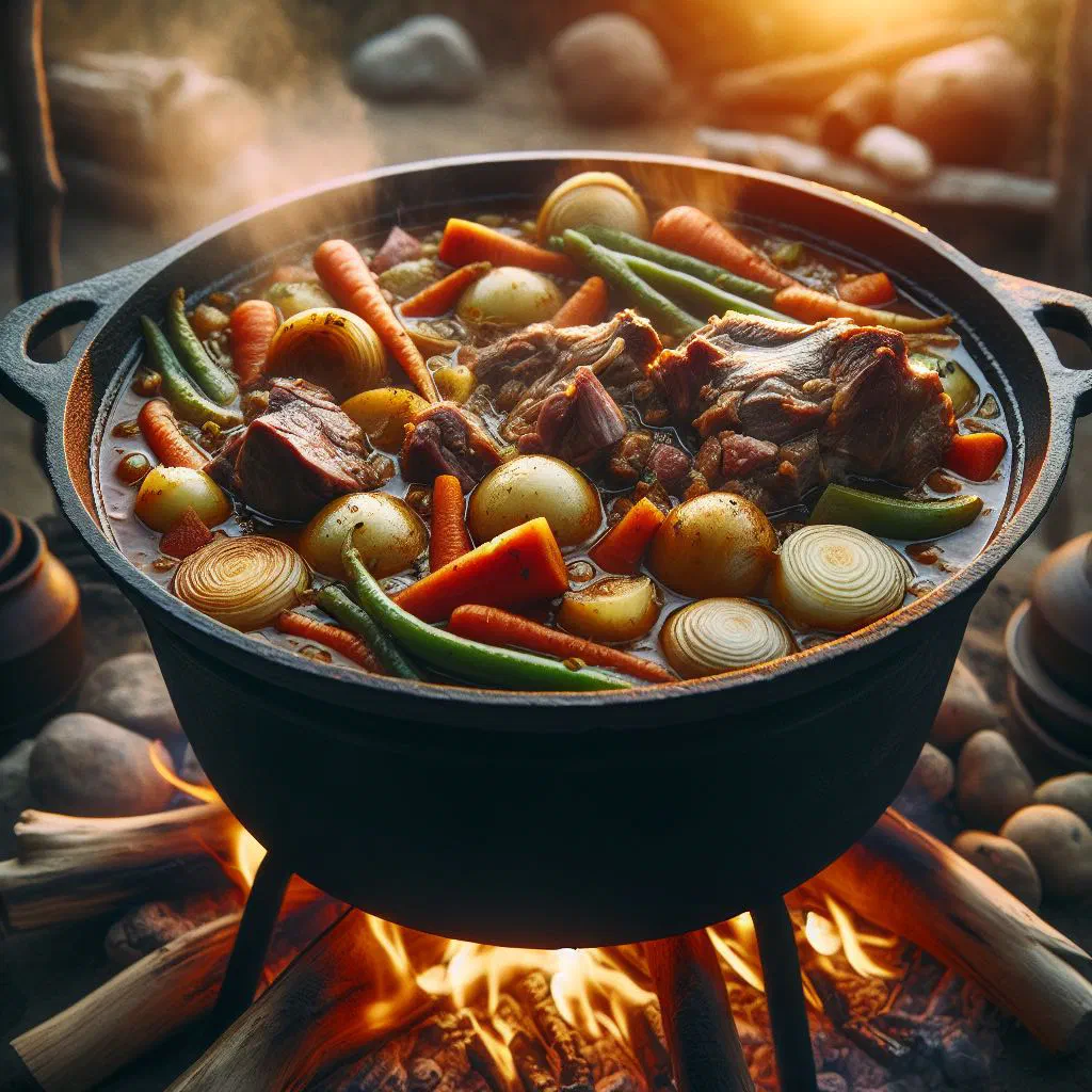 Namibian potjiekos with tender lamb, carrots and potatoes in a cast-iron pot
