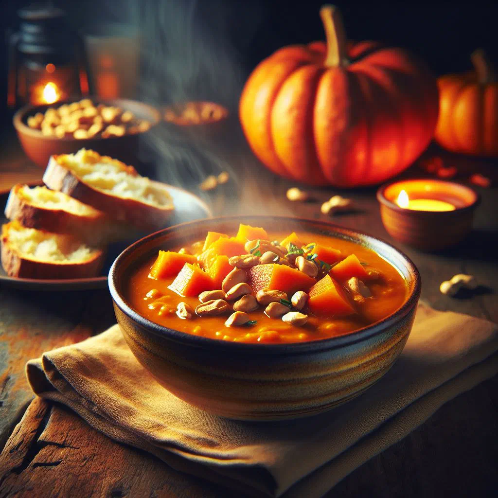 Bowl of Namibian pumpkin and peanut stew garnished with roasted peanuts and coriander