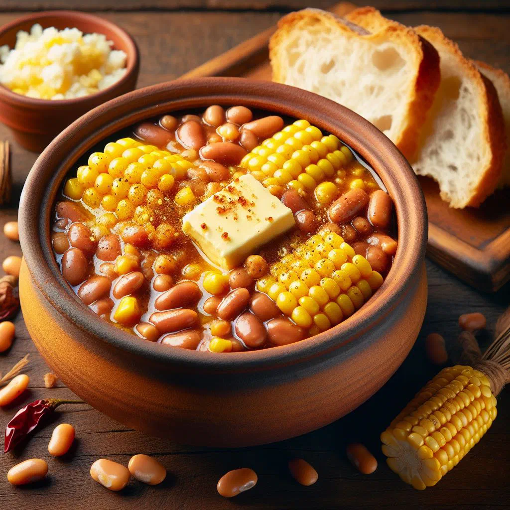 Bowl of samp and beans with onion and fresh herbs