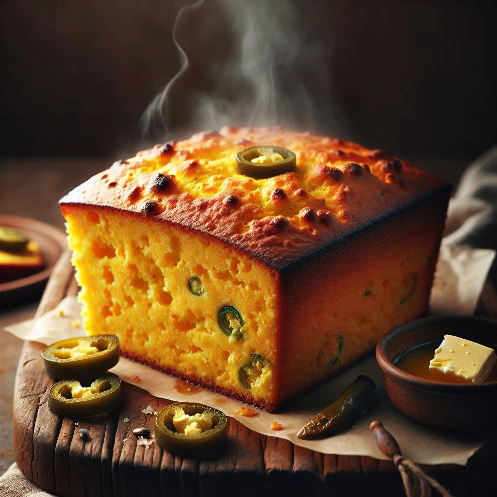 Golden savoury cornbread sliced on a wooden board