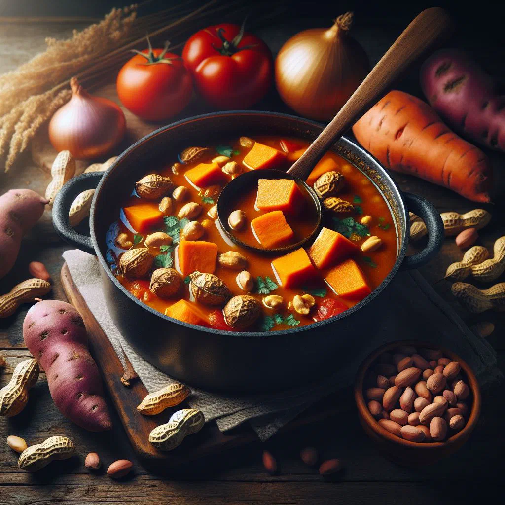 Creamy sweet potato and peanut stew in a bowl with chopped peanuts and coriander