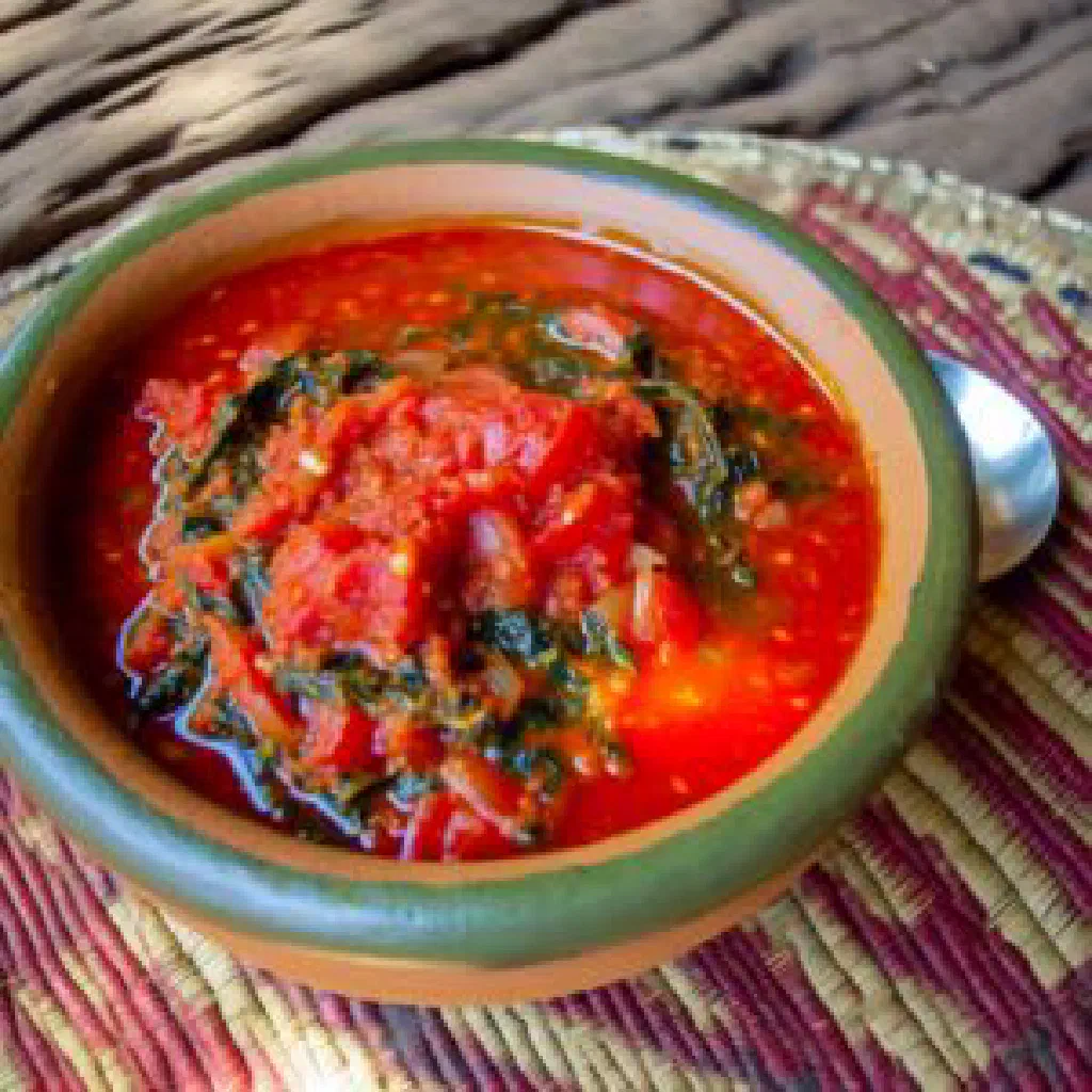 Bowl of thick Namibian tomato smoor garnished with fresh coriander