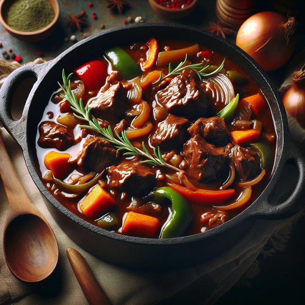 Rich venison goulash with carrots in a rustic pot, garnished with parsley