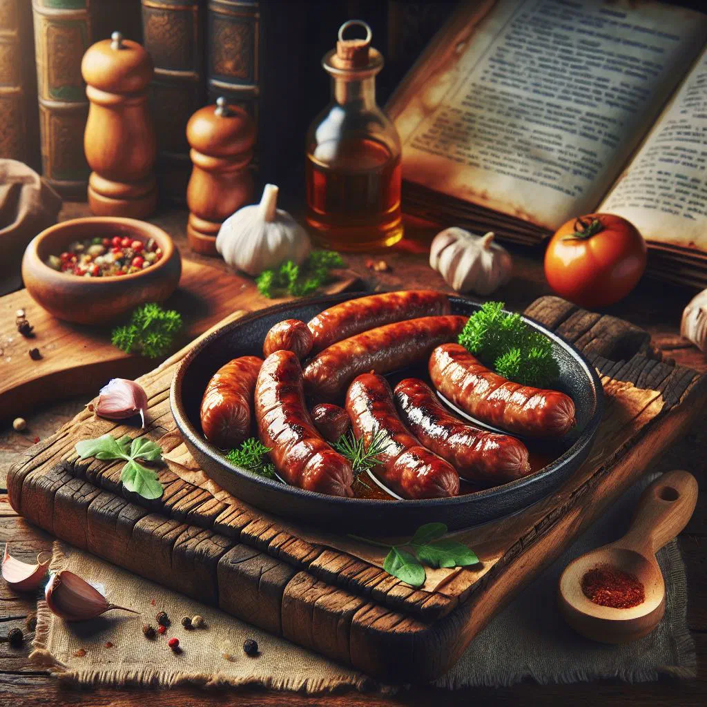 Grilled wild boar sausages on a rustic wooden board with fresh herbs