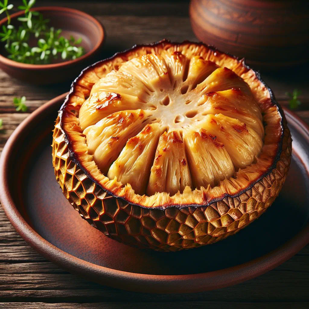 Golden baked breadfruit pieces on a plate, garnished with fresh herbs