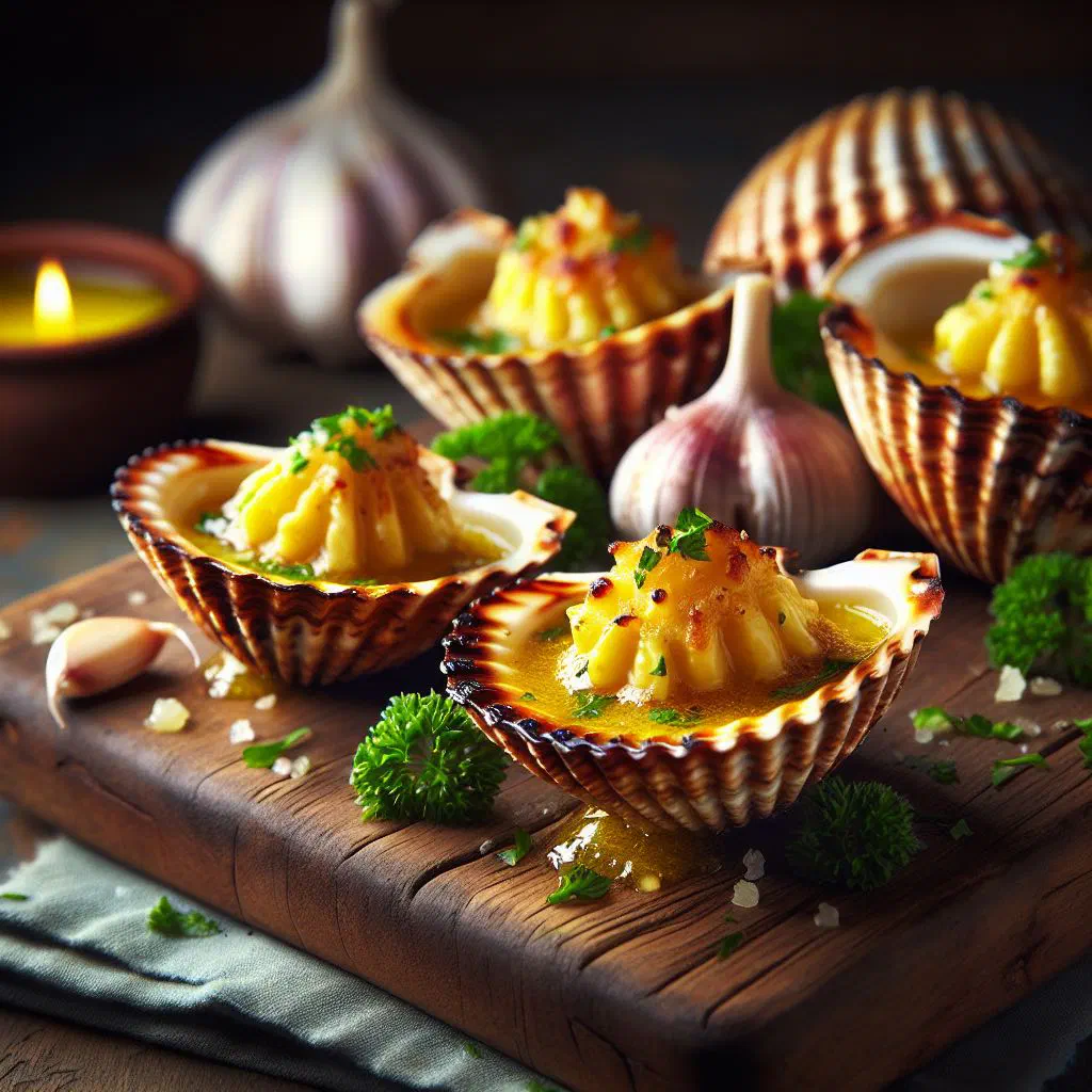 Baked mussels glossy with garlic butter and parsley, served with lemon slices
