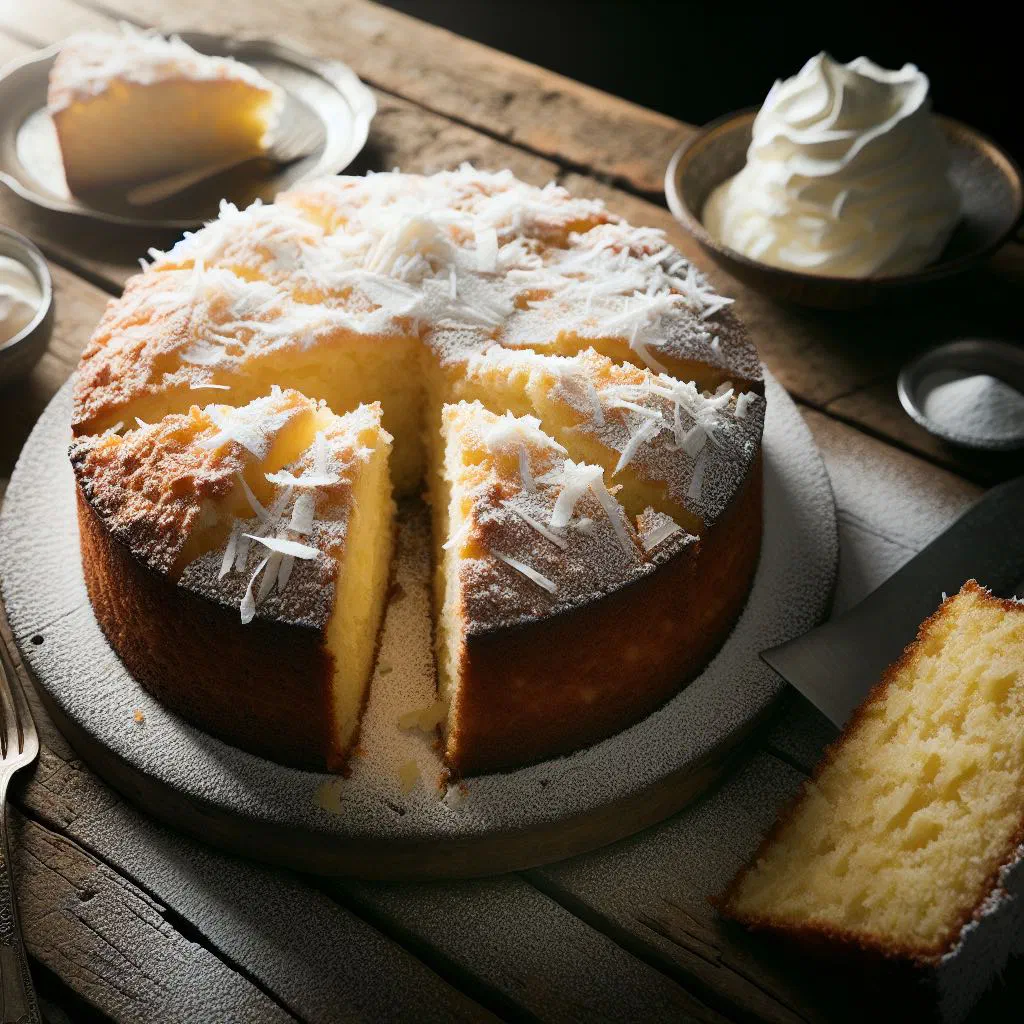 Golden cassava coconut cake sliced on a plate with fresh tropical fruit
