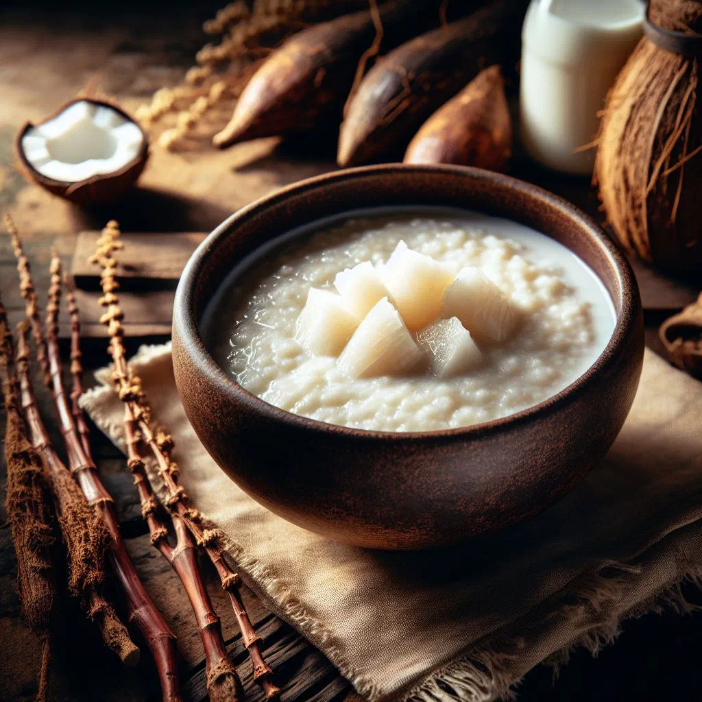 Creamy cassava coconut porridge in a bowl topped with fresh fruit