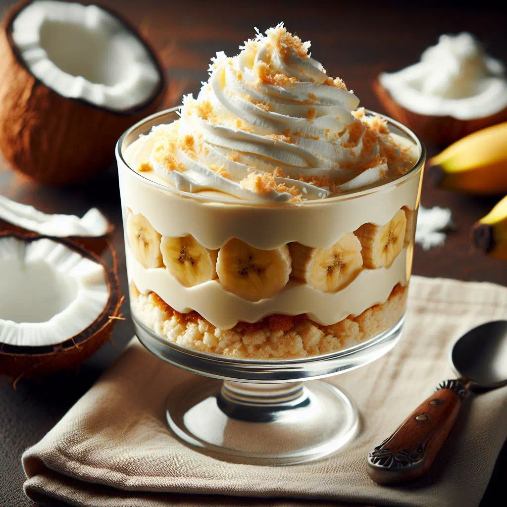 Creamy coconut banana pudding served in a glass with fresh fruit