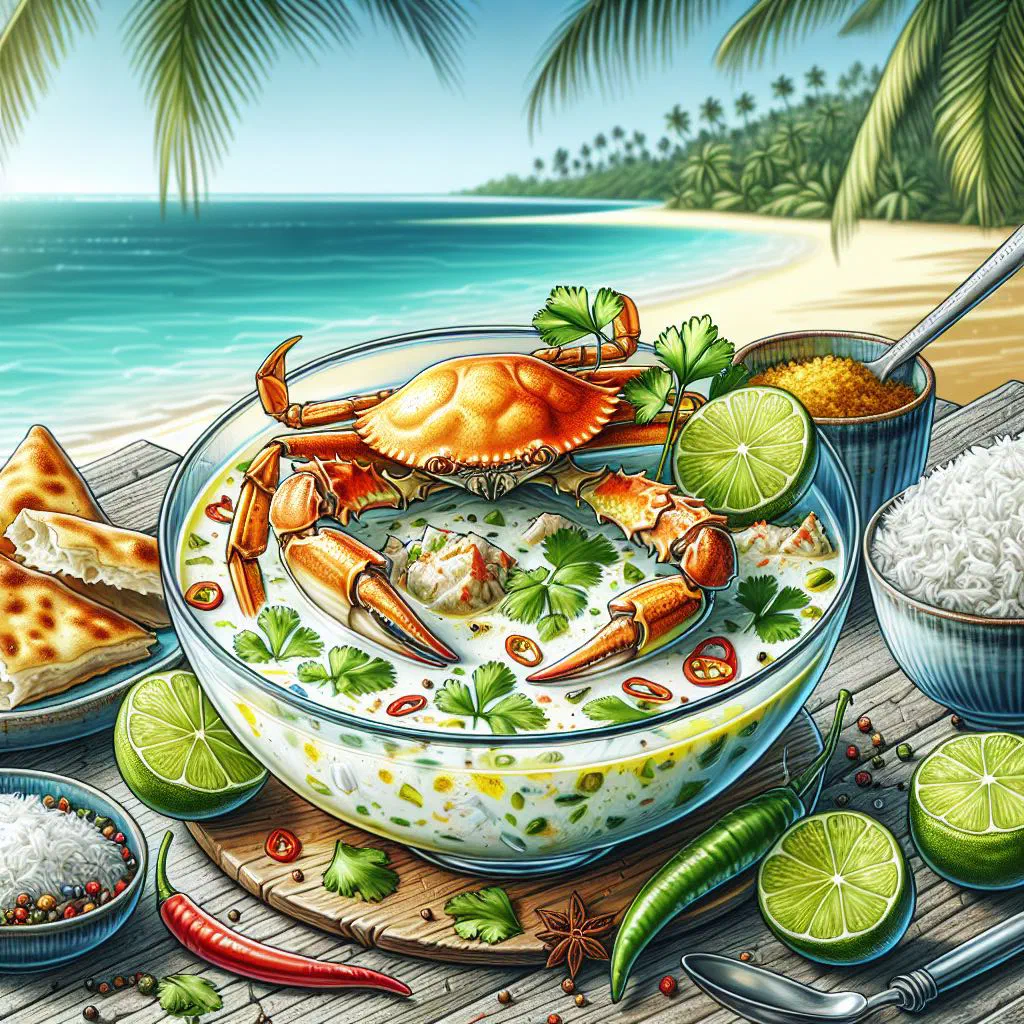 Coconut crab curry in a shallow bowl garnished with fresh coriander and lime