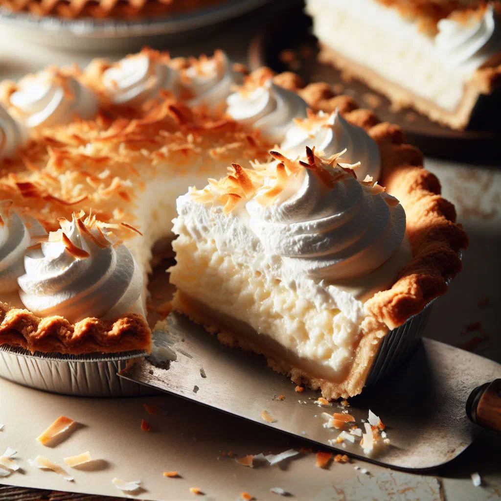 A slice of coconut cream pie topped with whipped cream and toasted coconut